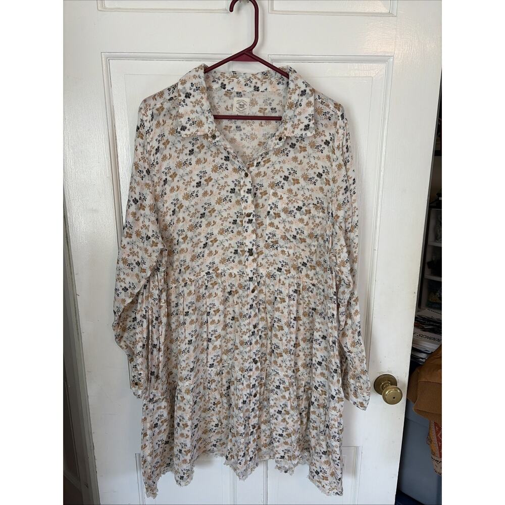 True Craft Women Cotton Floral Cream ButtonUp Shirt Mini Dress 2X Fringe Country